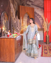 Presenting Fox Georgette Embroidery Sequence Work Grey color Sharara Suit